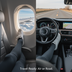 Image showing legs in compression socks, split between airplane and car travel scenes, with headline "Travel Ready: Air or Road." Illustrates "Compression Socks for Driving vs. Flying: What's the Difference?"