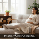 A pregnant woman wearing light-colored compression socks, relaxing on a sofa in a bright room. The image conveys comfort and support during pregnancy, aligning with "Compression Socks During Pregnancy: A Complete Canadian Guide".