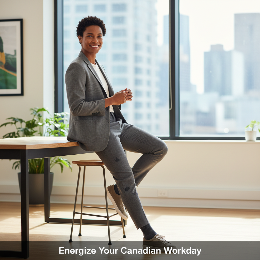 A Canadian professional, looking energized and comfortable in a modern workplace, wearing compression socks to prevent leg pain and fatigue. Guide for Canadian professionals.