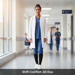 A healthcare worker or retail professional standing confidently in compression socks, conveying comfort and support for long shifts. Headline: Shift Comfort. All Day.