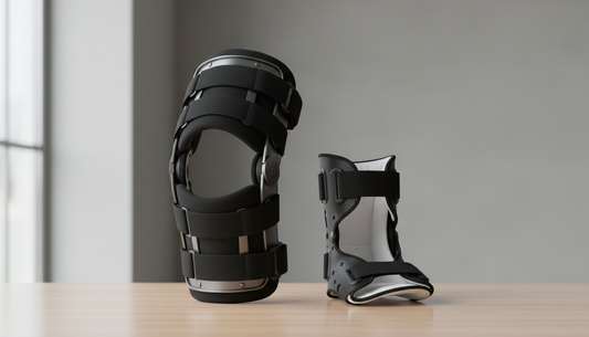 Knee brace and ankle brace displayed side by side for orthopedic support comparison