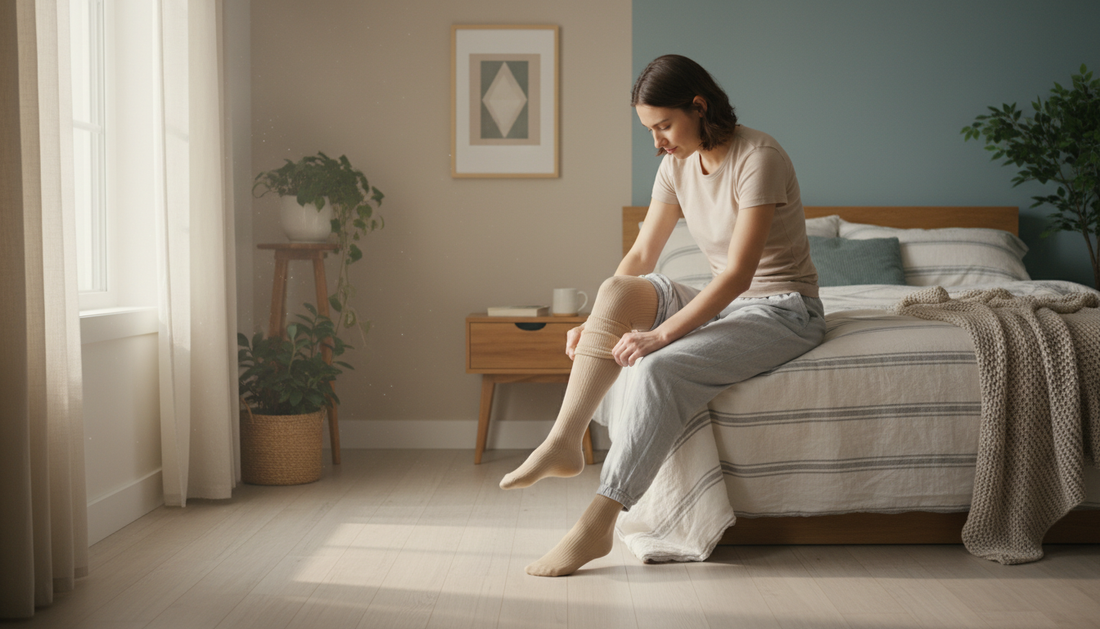 Young adult putting on a thigh-high compression stocking in the morning as part of postural orthostatic tachycardia syndrome management