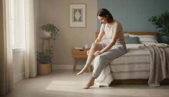 Young adult putting on a thigh-high compression stocking in the morning as part of postural orthostatic tachycardia syndrome management