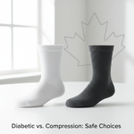 Two pairs of socks, diabetic and compression, side-by-side on a white surface with the headline "Diabetic vs. Compression: Safe Choices." A Canadian guide to safe wear for diabetics.