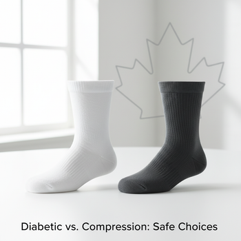 Two pairs of socks, diabetic and compression, side-by-side on a white surface with the headline 