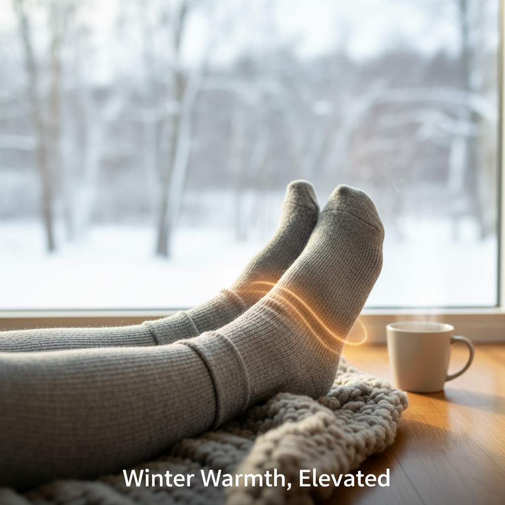 Person's feet in cozy, textured compression socks, radiating warmth in a comfortable winter setting. Illustrates "Do Compression Socks Keep Feet Warm? The Science of Winter Comfort."