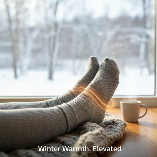 Person's feet in cozy, textured compression socks, radiating warmth in a comfortable winter setting. Illustrates "Do Compression Socks Keep Feet Warm? The Science of Winter Comfort."