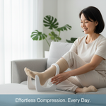 Person easily using a stocking butler to put on a compression sock, demonstrating donning aids for compression socks. Image for "Donning & Doffing Aids for Compression Socks: A Complete Canadian Guide".