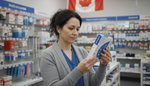 Customer reading the specifications panel on a compression sock package in a medical supply store
