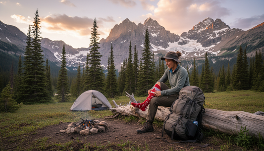 Backpacker putting on a knee-high compression sock at a remote alpine campsite in the Canadian Rockies