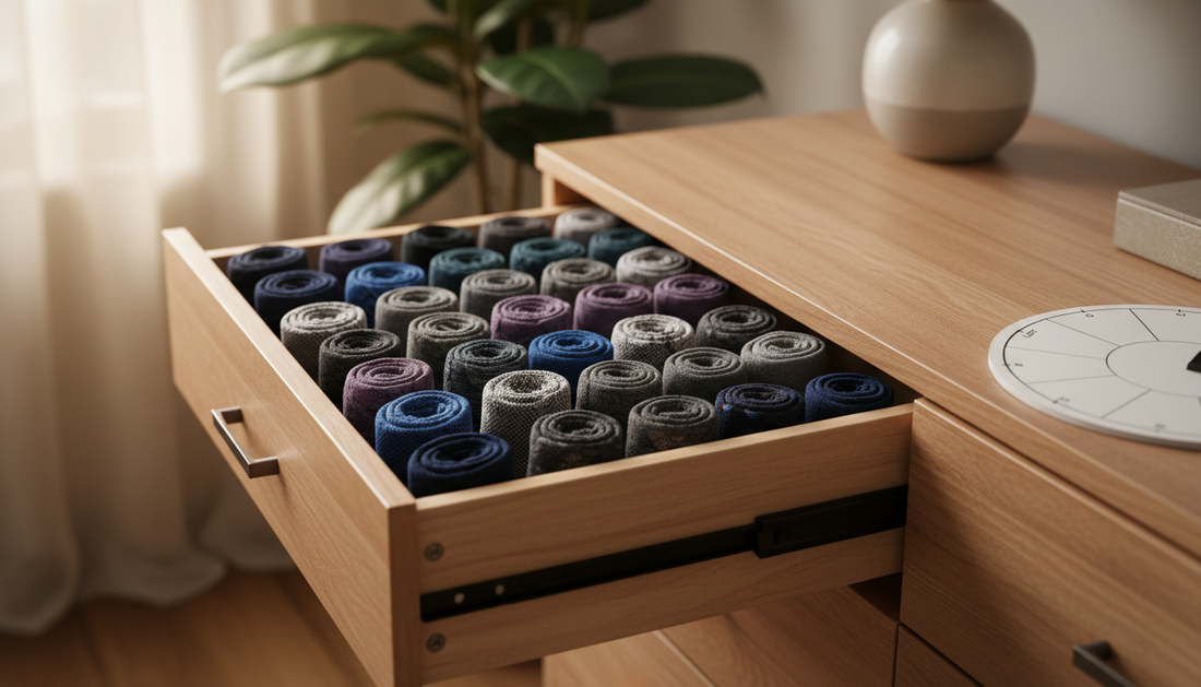 Neatly folded compression socks organised in an open drawer with a written rotation chart on top