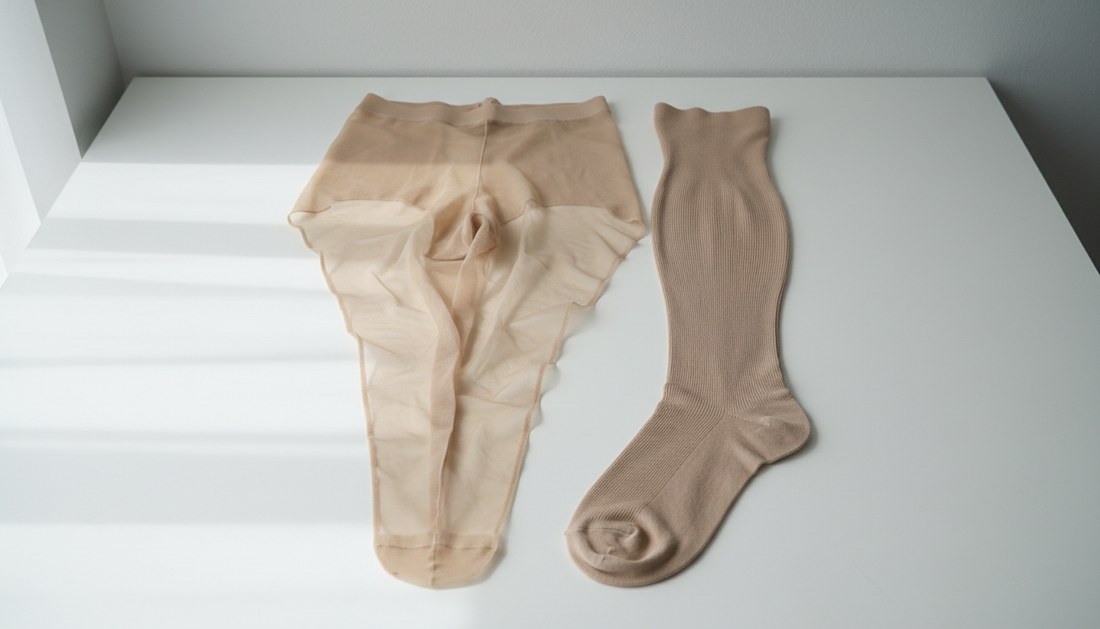 Compression pantyhose and a thigh-high compression stocking displayed side by side for comparison