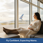 A pregnant woman wearing compression socks, sitting comfortably in an airport lounge, looking confident and relaxed. Illustrates safe flying while pregnant with compression socks for Canadian travellers.