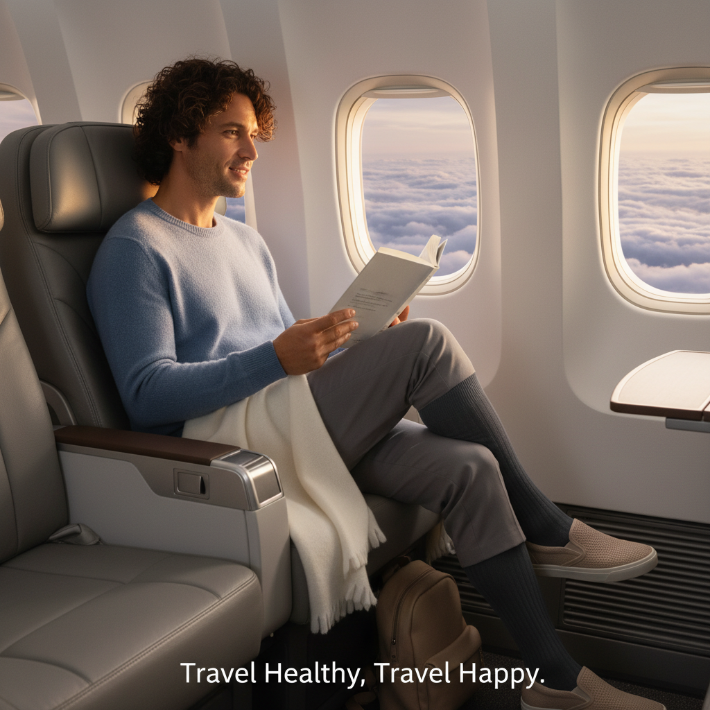 A relaxed traveler on a plane, subtly showing compression socks, with a window view. Headline: Travel Healthy, Travel Happy. Image for "From Desk to Destination: Why Compression Socks Are a Traveller's Best Friend".