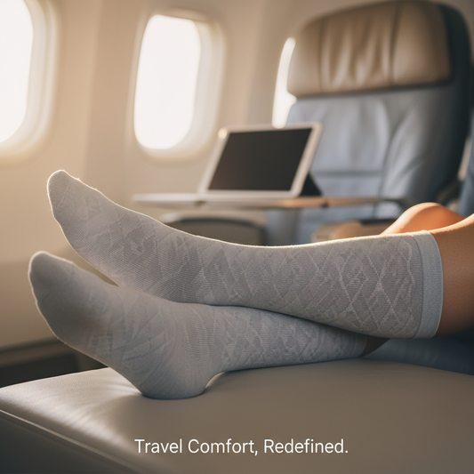 A person's lower legs wearing stylish compression socks, comfortably relaxed in a travel setting, illustrating why compression socks are a first-class gift for travelers to prevent swelling and fatigue.