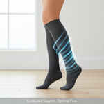 A person's lower leg in a knee-high compression sock, with subtle visual lines showing graduated pressure. Illustrates "How Compression Socks Work: A Complete Canadian Guide to Graduated Pressure, mmHg, and Safety."