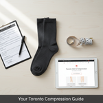 A flat lay of 20-30 mmHg compression socks, prescription pad, measuring tape, and tablet, illustrating how to buy compression socks in Toronto safely with details on prescription, sizing, and coverage.