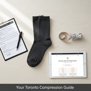 A flat lay of 20-30 mmHg compression socks, prescription pad, measuring tape, and tablet, illustrating how to buy compression socks in Toronto safely with details on prescription, sizing, and coverage.