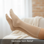 Close-up of a person's lower legs wearing medical-grade compression socks, conveying comfort and relief for varicose veins. The image illustrates how to choose the best compression socks for varicose veins.