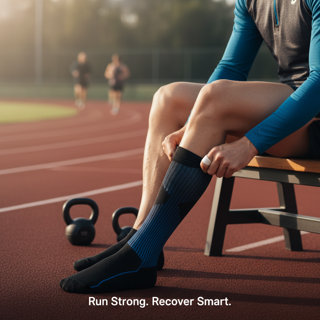 A fit person in athletic wear pulling on a compression sock, with a gym/track background. The image highlights the snug fit and quality material, illustrating how to choose compression socks for running & gym for optimal performance and recovery.