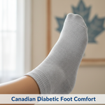 Close-up of a foot wearing a light-colored diabetic-friendly compression sock, conveying comfort and protection. Illustrates how to choose diabetic-friendly compression socks in Canada, covering sizing, features, and insurance basics.