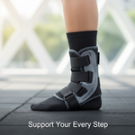 A person's ankle wearing a sleek, semi-rigid ankle brace and compression sock, with the headline "Support Your Every Step" overlaid, illustrating how to choose the right ankle brace for various needs and activities.
