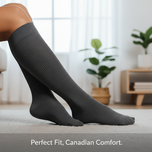 Close-up of a person's leg wearing a perfectly fitted compression sock, emphasizing comfort and support. Visualizes 'How to Choose the Right Compression Socks in Canada: A Step-by-Step Guide' for optimal wellness.