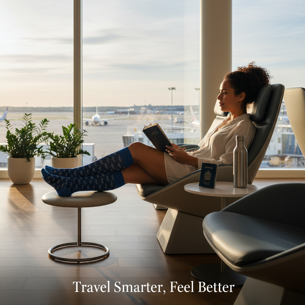 A Canadian traveler in an airport lounge, wearing knee-high compression socks, looking relaxed. The image highlights comfort for long journeys, aligning with "How to Choose the Right Compression Socks for Canadian Travellers."