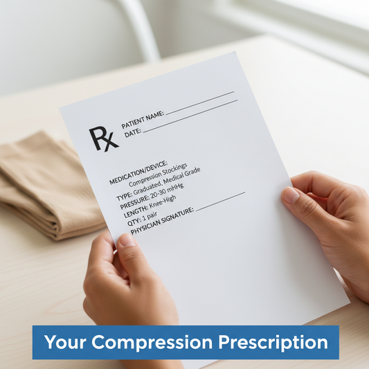 Hands holding a prescription form for compression socks, with medical-grade compression socks in the soft-focus background. Image illustrates how to get a prescription for compression socks in Canada for insurance coverage.