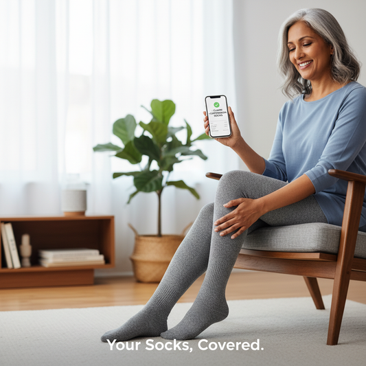 A diverse Canadian individual comfortably wearing medical-grade compression socks, holding a smartphone displaying a successful insurance claim, illustrating "How to Get Compression Socks Covered by Insurance in Canada: A Complete Guide."