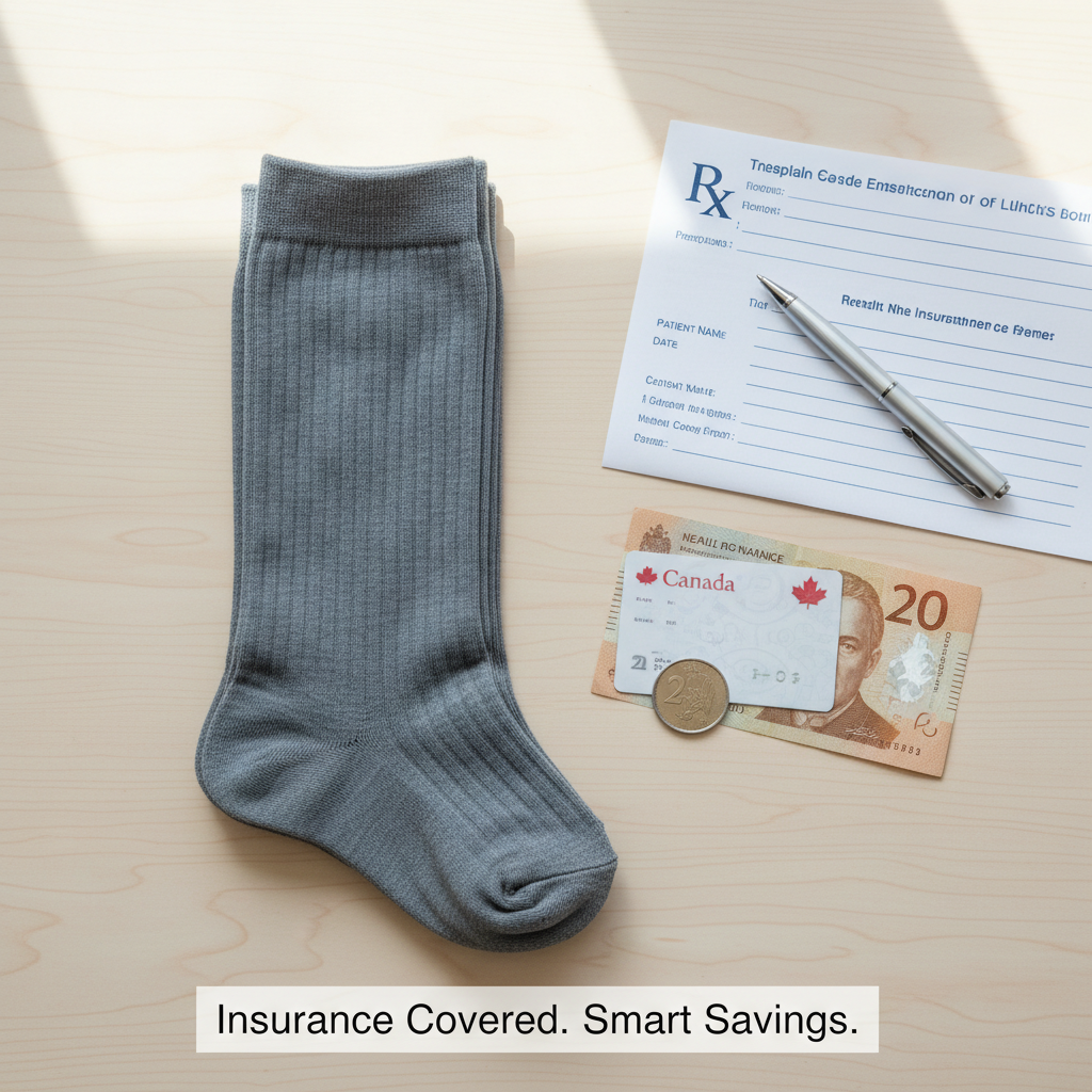 A flat lay showing medical-grade compression socks, a Canadian insurance card, a Canadian dollar bill, and a prescription pad, representing "How to Get Your Compression Socks Covered by Insurance in Canada: A Black Friday Guide."