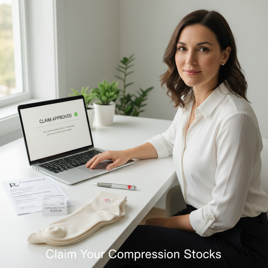 A woman confidently reviewing insurance documents and medical compression socks on a desk, with the headline 'Claim Your Compression Socks'. Illustrates how to get medical compression stockings covered by insurance in Canada.
