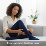 A woman wearing medical-grade compression socks, looking relieved and comfortable, illustrating how to get a prescription for compression socks in Canada: a step-by-step guide.