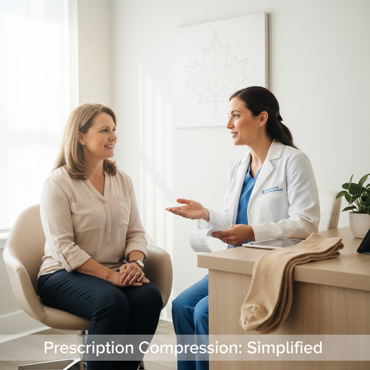 A healthcare professional explains how to get prescription compression socks in Ontario to a patient, with medical-grade socks visible. Focuses on the step-by-step guide for obtaining prescription compression socks.