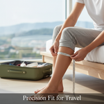 Person measuring calf with tape for compression socks, emphasizing precise fit for air travel. Guide to Canadian sizing for flight socks.