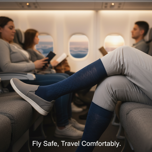 Person on a long flight wearing compression socks, comfortably preventing swollen legs and DVT. A Canadian traveller's guide to in-flight health.