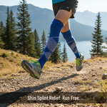 A runner's lower legs in compression socks on a Canadian trail, symbolizing relief from shin splints. How to Use Compression Socks for Shin Splints: A Complete Canadian Guide.