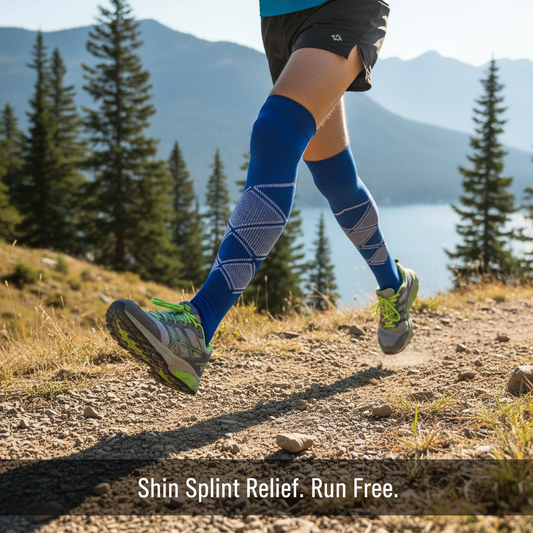 A runner's lower legs in compression socks on a Canadian trail, symbolizing relief from shin splints. How to Use Compression Socks for Shin Splints: A Complete Canadian Guide.