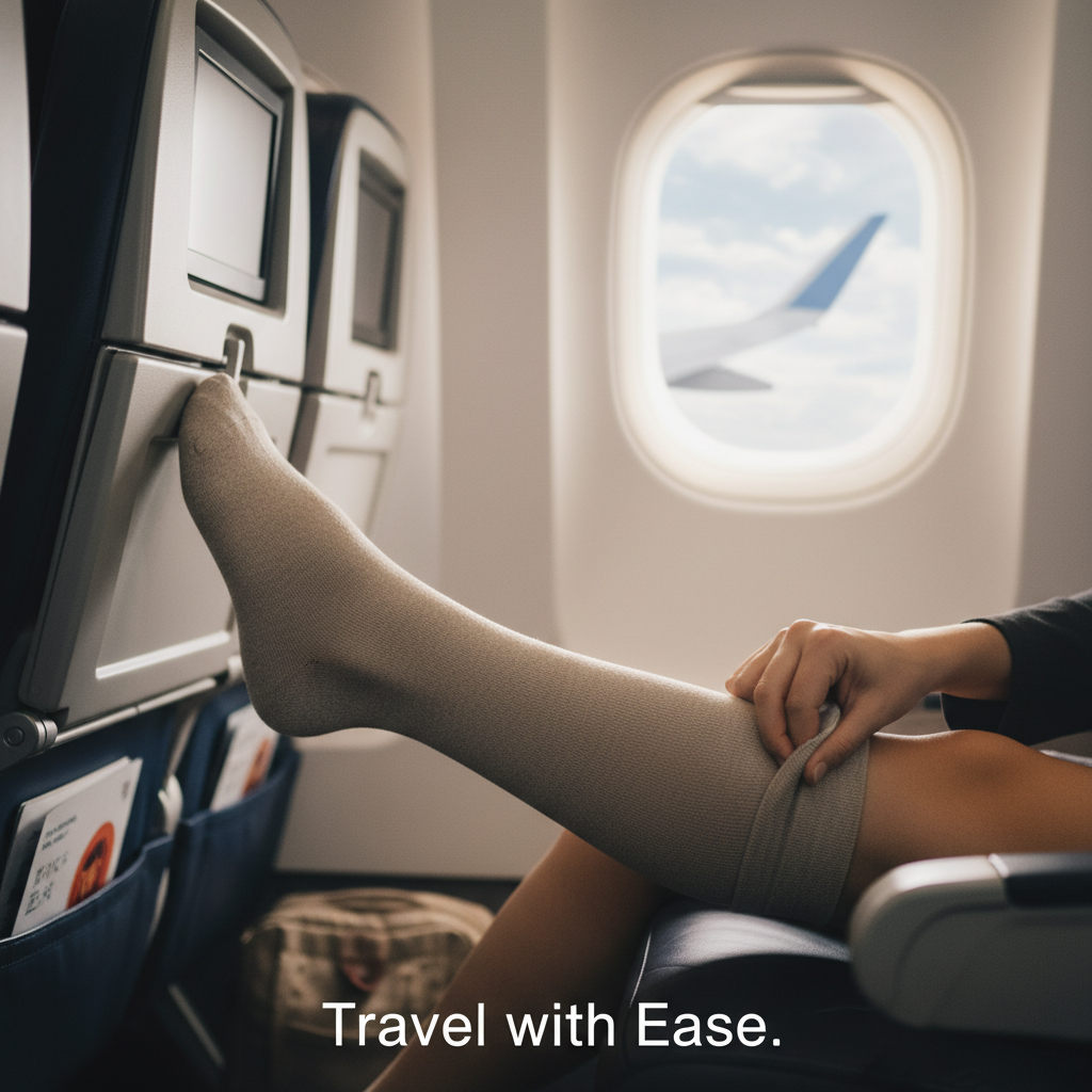 A person in an airplane seat putting on a compression sock, illustrating comfortable travel. Headline: Travel with Ease.