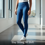 Person wearing knee-high compression socks, standing confidently in a bright, modern setting, ready for a 12-hour shift. The image conveys all-day comfort and support.