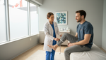 Healthcare professional measuring a patient's calf for graduated compression stockings to support chronic venous insufficiency care