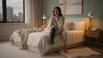 Adult putting on a knee-high compression sock at bedtime as part of restless legs syndrome management