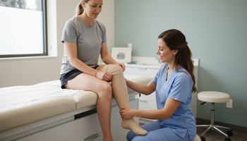 Clinician demonstrating a knee-high medical compression stocking for post-thrombotic syndrome management after deep vein thrombosis
