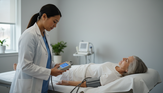 Vascular technologist measuring ankle-brachial pressure index with a handheld Doppler as part of a peripheral artery disease assessment