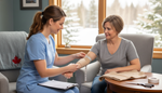 Certified lymphedema therapist measuring a patient's arm for a flat-knit compression sleeve