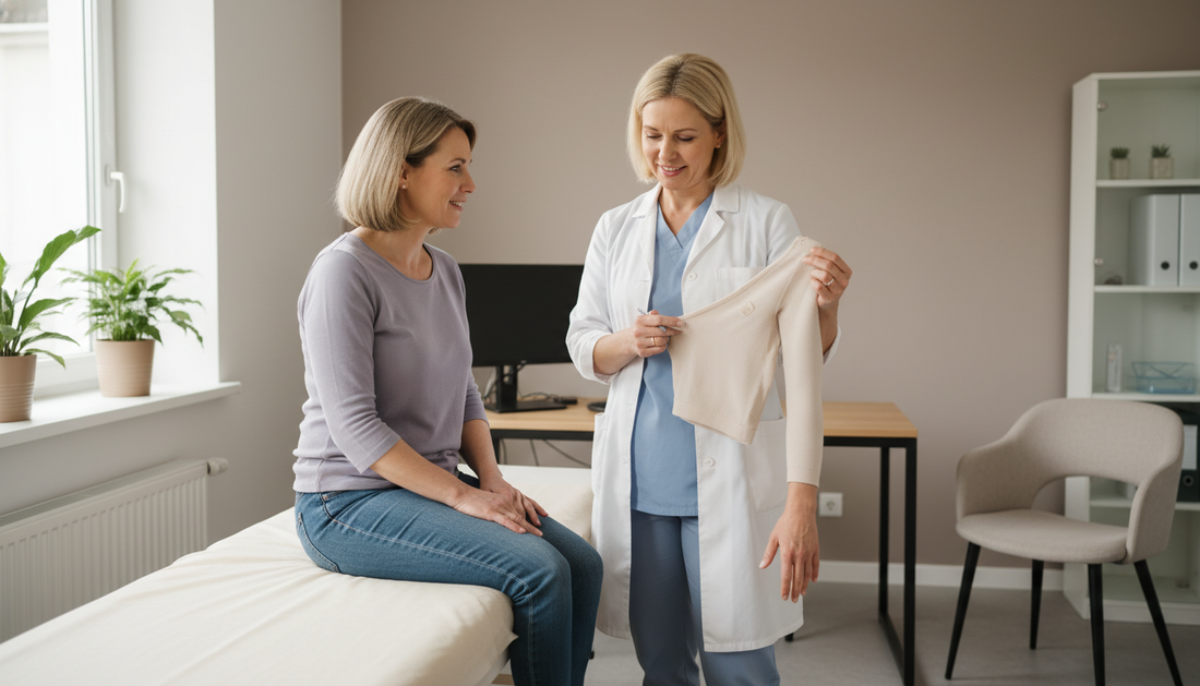 Clinician explaining a flat-knit compression garment to a woman with lower-body swelling consistent with lipedema