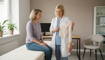 Clinician explaining a flat-knit compression garment to a woman with lower-body swelling consistent with lipedema