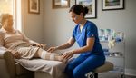 Wound care nurse applying a multilayer compression bandage system for a venous leg ulcer