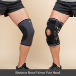A person's knees, one wearing a sleek compression knee sleeve and the other a structured knee brace, illustrating the difference between knee brace vs. knee sleeve and helping determine which one you really need.