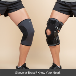 A person's knees, one wearing a sleek compression knee sleeve and the other a structured knee brace, illustrating the difference between knee brace vs. knee sleeve and helping determine which one you really need.